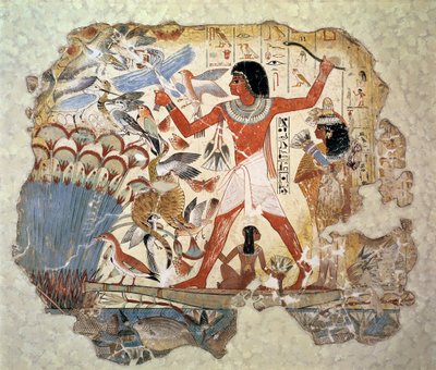 Nebamun hunting in the marshes with his wife and daughter, part of a wall painting from the tomb-chapel of Nebamun, Thebes, New Kingdom, c.1350 BC by Egyptian 18th Dynasty